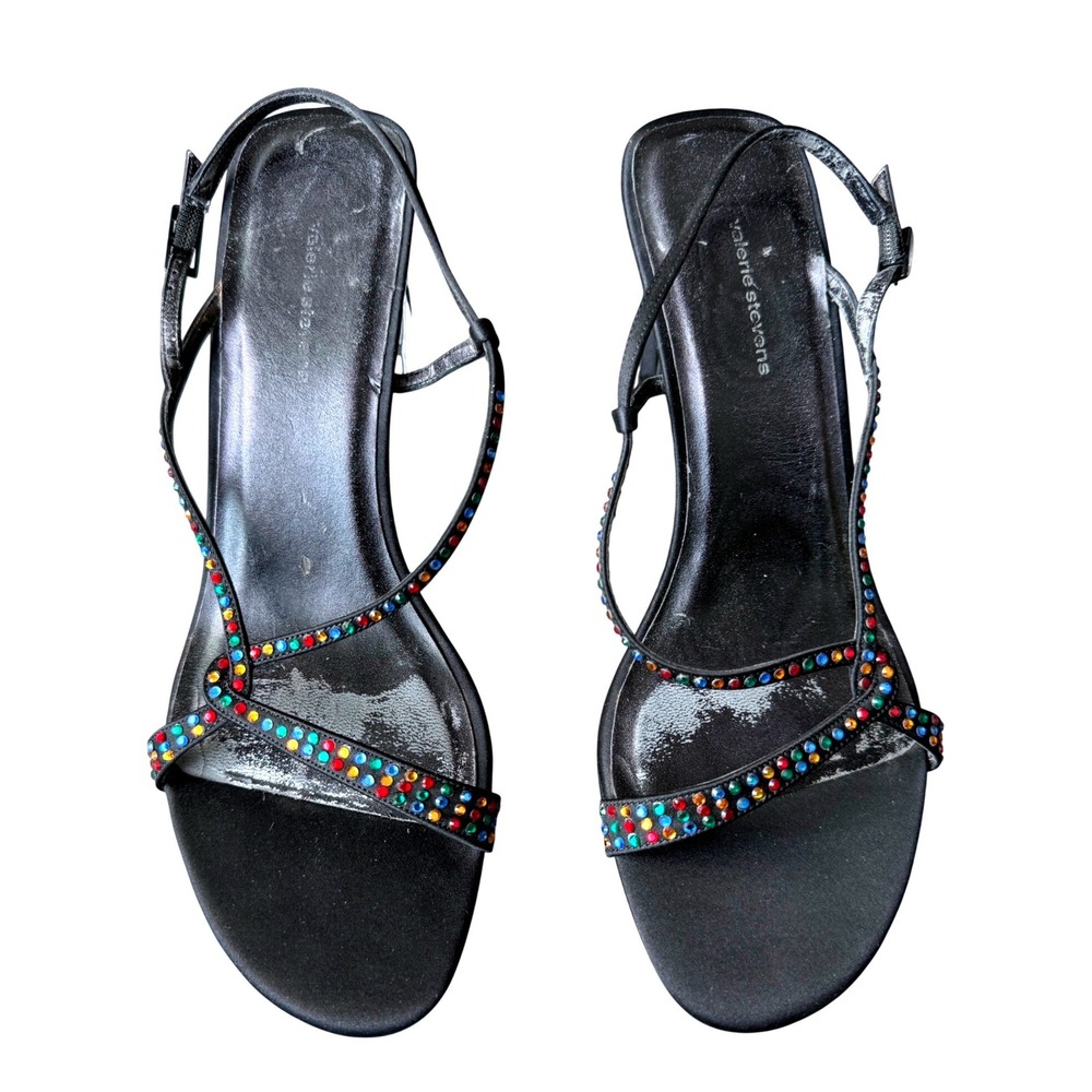 Black Satin Rhinestone Strappy Sandals Block Heel Y2K Valerie Stevens 7.5